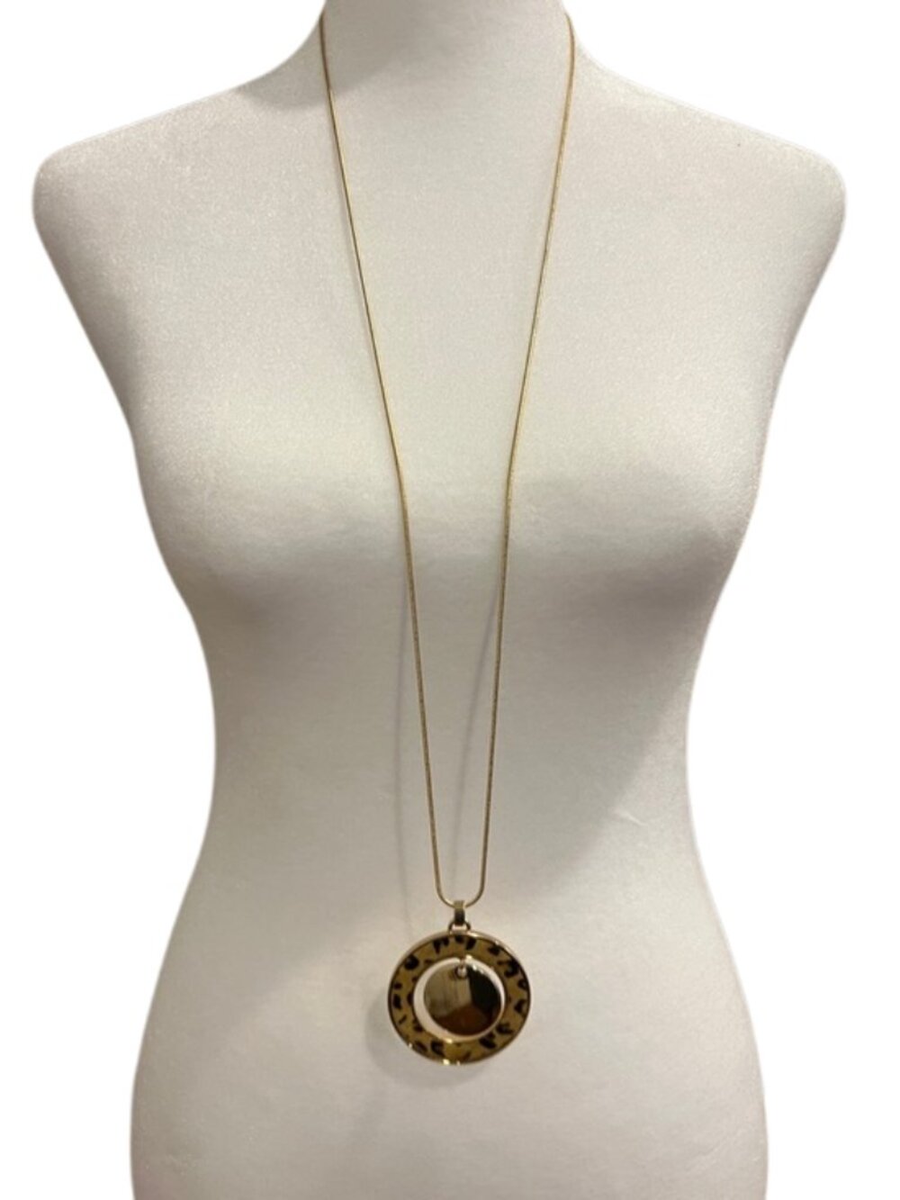 Nine West Gold Long Pendant Necklace with Leopard Ring Accent